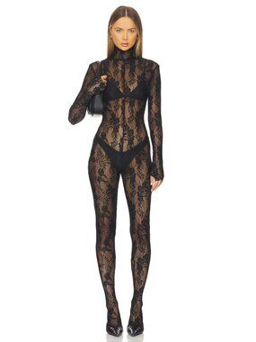 NEW Norma Kamali Long Sleeve Slim Fit Turtleneck Catsuit in Black Lace Jumpsuit